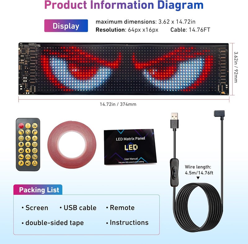 UPONELED 1pcs 14.72 * 3.62in Devil Eyes Light for Windshield,Programmable LED Sign for Car,Flex LED Display Devils Eye Soft Screen for Cars,Pickups - Image 2